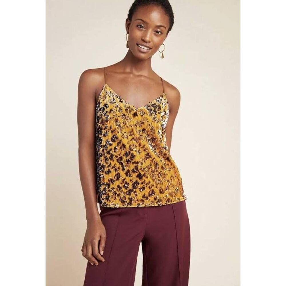 Anthropologie Esther Top Sequin Velvet Leopard Tank NWT XS Boho Blouse Shirt Y2K - Picture 1 of 5